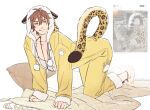  1boy :q all_fours animal_ear_hood animal_ears animal_print anklet antenna_hair bare_pectorals barefoot blanket bodysuit brown_eyes brown_hair bthshb_nu clenched_hands closed_mouth collarbone cosplay crystal_necklace eiden_(nu_carnival) english_commentary full_body fur-trimmed_bodysuit fur-trimmed_hood fur-trimmed_sleeves fur_trim hair_between_eyes highres hood jewelry kigurumi leopard leopard_ears leopard_print leopard_tail looking_to_the_side male_focus nipples nu_carnival open_bodysuit open_clothes paw_print pectorals photo-referenced photo_inset pillow pom_pom_(clothes) reference_inset short_hair solo tail tongue tongue_out twitter twitter_username white_background yellow_bodysuit 