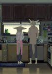  anthro apron barefoot bottomwear brown_hair canid canine clock clothed clothing cooking countertop detailed_background duo female fennec fox fully_clothed fur hair hi_res holding_object inside kemono kitchen knife looking_at_another male mammal pants ponytail shelf shirt sink standing tan_body tan_fur taracod topwear window 