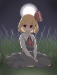  1girl ascot between_legs black_ascot black_skirt black_vest blonde_hair closed_mouth collared_shirt commentary_request full_body full_moon grass hair_between_eyes hair_ribbon long_sleeves looking_at_viewer moon night outdoors red_eyes red_ribbon red_shoes ribbon rumia shirt shoes short_hair sitting skirt skirt_set sleeve_cuffs solo tetra_shigure touhou vest white_shirt 