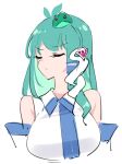  1girl antenna_hair bare_shoulders breasts closed_eyes collared_shirt detached_sleeves frog_hair_ornament frown green_eyes green_hair hair_ornament hair_tubes highres kochiya_sanae large_breasts raptor7 shirt single_hair_tube sleeveless sleeveless_shirt snake_hair_ornament solo touhou upper_body white_background 