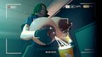  1girl avis_(strangehero) breasts camera commentary english_commentary foghornlewdhorn green_hair hair_over_one_eye highres huge_breasts huge_nipples lactating_into_container lactation large_areolae large_breasts mature_female original recording security_camera security_guard solo strangehero timestamp viewfinder 