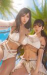  2girls 3d bare_shoulders bikini black_eyes black_hair blue_sky blunt_bangs blurry blurry_background breasts cleavage closed_mouth commentary cosplay costume_switch day earrings english_commentary eve_(stellar_blade) final_fantasy final_fantasy_vii final_fantasy_vii_remake highres jewelry large_breasts long_hair looking_at_viewer multiple_girls navel outdoors patreon_username puffy_short_sleeves puffy_sleeves red_eyes ria_(baka-neearts) selfie short_sleeves sky smile standing stellar_blade stomach swimsuit thighs tifa_lockhart tifa_lockhart_(passion_mermaid) underboob white_bikini 