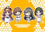  4girls absurdres ahoge alternate_costume black_hair brown_eyes brown_hair chibi double_bun dress flower glasses gold_hairband green_eyes grey_eyes hair_bun hairband haruna_(kancolle) hashtag-only_commentary hiei_(kancolle) highres himura_moritaka honeycomb_(pattern) honeycomb_background kantai_collection kirishima_(kancolle) kongou_(anniversary)_(kancolle) kongou_(kancolle) long_hair multiple_girls official_alternate_costume one_eye_closed purple_eyes red_flower red_rose rose short_hair white_dress yellow_background 