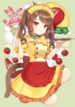  1girl :3 animal_ears aona_(noraneko) apron bacon broccoli broken_egg brown_hair brown_shoes buttons cat_ears cat_girl cat_tail cherry_tomato choker clenched_hand commentary_request doily double-breasted dress food food-themed_background frilled_apron frilled_sleeves frills full_body green_background green_choker hair_ornament hands_up heart heart_hair_ornament highres holding holding_tray ketchup ketchup_bottle long_hair looking_at_viewer maid_apron maid_headdress omelet omurice on_one_knee onion original puffy_short_sleeves puffy_sleeves red_apron red_eyes ribbon_choker shoes short_sleeves solo swept_bangs tail tomato tray twintails waist_apron waitress wavy_sidelocks yellow_dress 