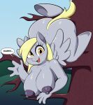  4_fingers anthro apology areola big_breasts big_butt blonde_hair blush breasts butt derpy_hooves_(mlp) dialogue equid equine eyelashes feathered_wings feathers female fingers friendship_is_magic fur grey_body grey_feathers grey_fur hair hasbro hi_res in_tree mammal my_little_pony mythological_creature mythological_equine mythology nipples nude nude_anthro nude_female open_mouth open_smile pegasus plant smile solo someth1ngoranother speech_bubble tail tongue tree white_sclera wings yellow_eyes yellow_tail 