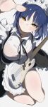  1girl absurdres bass_guitar blue_hair bocchi_the_rock! breasts bullet_(bullet0701) collared_shirt commentary guitar_strap highres instrument korean_commentary large_breasts looking_at_viewer maid maid_headdress mole mole_under_eye shirt short_hair simple_background solo thighs white_background white_headdress white_shirt yamada_ryo yellow_eyes 