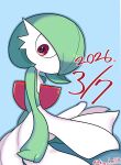  1girl 2026 absurdres arms_at_sides artist_name blue_background blue_outline closed_mouth colored_skin commentary_request dated dot_mouth expressionless flat_chest from_side gardevoir gardevoir_day green_skin highres komhey looking_down multicolored_skin outline pokemon pokemon_(creature) red_eyes signature simple_background solo twitter_username two-tone_skin white_skin 