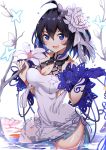  1girl :d ahoge bangs bare_shoulders black_hair blue_eyes blue_gloves blue_hair breasts cleavage cleavage_cutout dress eyebrows_visible_through_hair fang flower flower_on_liquid gloves gradient_hair hair_between_eyes hair_flower hair_ornament highres honkai_(series) honkai_impact_3rd looking_at_viewer medium_breasts multicolored_hair open_mouth pink_flower seele_vollerei single_glove smile solo toki_(yoyobozi) wading water wet white_background white_dress white_flower 
