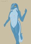 5_fingers absurd_res anthro blue_body blue_scales breasts cobra colored digital_media_(artwork) eyelashes female fingernails fingers fluxfoxart genitals gesture hi_res nails nipples reptile scales scalie signature sketch smile snake solo standing tail teeth vulva waving yellow_eyes