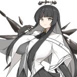  1girl absurdres alternate_breast_size_(larger) arknights ascot black_ascot black_eyes black_gloves black_halo blunt_bangs breasts bright_pupils closed_mouth collared_shirt commentary detached_wings elbow_gloves gloves halo hand_up highres large_breasts long_sidelocks mole mole_under_eye shirt sidelocks simple_background smile solo split_mouth upper_body virtuosa_(arknights) white_background white_pupils white_shirt wings xibu_cai 