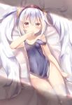  1girl animal_ears ass_visible_through_thighs azur_lane bangs bed_sheet blue_swimsuit blush breasts bunny_ears collarbone commentary_request covered_mouth covering eyebrows_visible_through_hair hair_between_eyes hair_ornament hairband highres laffey_(azur_lane) long_hair looking_at_viewer lying na!?_(naxtuyasai) nude_cover on_back red_eyes red_hairband sidelocks silver_hair small_breasts solo swimsuit swimsuit_removed thighhighs twintails very_long_hair white_legwear 