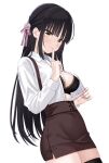  1girl black_bra black_hair black_thighhighs blunt_bangs blush bra breasts brown_skirt cafe_stella_to_shinigami_no_chou closed_mouth collared_shirt commentary cowboy_shot dutch_angle earrings eyes_visible_through_hair finger_to_mouth fingernails floral_print floral_print_bra flower hair_between_eyes hair_flower hair_ornament hair_ribbon half_updo hand_up high-waist_skirt highres index_finger_raised jewelry large_breasts lingerie long_hair long_sleeves looking_at_viewer mole mole_under_eye open_clothes open_shirt opened_by_self pink_ribbon presenting_breasts print_bra ribbon rose shiki_natsume shirt sideboob simple_background skindentation skirt smile solo stealth_flashing straight_hair stud_earrings suspender_skirt suspenders tft_(tft7822) thighhighs underwear very_long_hair white_background white_flower white_rose white_shirt yellow_eyes zettai_ryouiki 