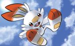  :d ariga_hitoshi blue_sky bunny cloud cloudy_sky creature day full_body gen_8_pokemon happy no_humans official_art open_mouth outdoors pokemon pokemon_(creature) pokemon_trading_card_game scorbunny sky smile solo 
