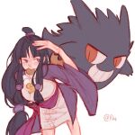  1girl ace_attorney artist_name black_hair blunt_bangs breasts commentary cookie crossover food food_in_mouth gengar grid_teeth grin hair_ornament hand_on_own_head haori highres jacket japanese_clothes jewelry jitome kimono long_hair long_sleeves looking_at_another low-tied_long_hair magatama magatama_necklace maya_fey necklace pink_sash pokemon pokemon_(creature) purple_eyes purple_haori purple_jacket red_eyes riu_tran sash short_kimono sidelocks sideways_glance simple_background sketch small_breasts smile sphere_hair_ornament topknot untranslatable_commentary white_background white_kimono 