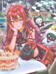 1girl anversailles asymmetrical_sleeves birthday_cake black_sleeves bloom_(irys) blue_eyes cake checkered_flag collared_shirt commentary cropped_shirt crystal_wings detached_sleeves english_commentary flag food gloom_(irys) grin halo heterochromia highres hololive hololive_english hololive_idol_uniform_(color_rise) horns idol_clothes irys_(hololive) long_hair looking_at_viewer mismatched_sleeves multicolored_hair official_alternate_costume pink_eyes pointy_ears puffy_detached_sleeves puffy_short_sleeves puffy_sleeves purple_hair red_streaks shirt short_sleeves single_detached_sleeve single_sleeve sitting smile solo streaked_hair very_long_hair virtual_youtuber white_shirt wings 