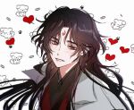  1boy bishounen black_hair black_hanfu blush chinese_clothes coat dog facial_mark forehead_mark hanfu hashtag-only_commentary heart long_hair looking_at_viewer luo_binghe male_focus mugwortrice popped_collar red_eyes renzha_fanpai_zijiu_xitong smile solo upper_body wavy_hair white_background white_coat zuiyin 