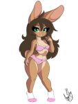 3:4 anthro aubrey_sky_(character) aubreysky bra brown_body brown_fur brown_hair clothing eyelashes female footwear fur hair hi_res lagomorph long_eyelashes mammal panties pink_bra pink_clothing pink_footwear pink_panties pink_socks pink_underwear socks solo standing tan_body tan_fur underwear