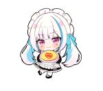  1girl :3 asa_1607 black_dress black_shoes blue_hair blue_ribbon blush_stickers chibi chibi_only closed_eyes dress food frilled_dress frills full_body hair_ribbon hashtag-only_commentary highres holding holding_food holding_plate lize_helesta lize_helesta_(9th_costume) looking_at_viewer maid maid_headdress medium_dress multicolored_hair nijisanji omelet omurice plate purple_eyes ribbon serving shoes simple_background smile socks solo streaked_hair twintails two-tone_hair virtual_youtuber white_background white_hair white_headdress white_socks 