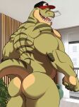 2025 absurd_res anthro back_muscles biceps body_hair butt butt_heart chest_hair clothing curtains darknaigart deltoids dinosaur forearm_muscles green_body hat hat_only headgear headgear_only headwear headwear_only hi_res inside jace_(darknaig) looking_at_viewer looking_back looking_back_at_viewer male mostly_nude muscular muscular_anthro muscular_male open_mouth prehistoric_species rear_view reptile saurischian scales scalie solo standing stocky stubble teeth theropod triceps tyrannosaurid tyrannosauroid tyrannosaurus tyrannosaurus_rex