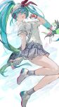  1girl :d absurdres bag blue_eyes blue_hair ergouzi_echo green_hair grey_bag grey_skirt grey_socks hashtag-only_commentary hat hatsune_miku highres holding holding_poke_ball long_hair meloetta miniskirt multicolored_hair open_mouth pleated_skirt poke_ball pokemon pokemon_(creature) project_voltage psychic_miku_(project_voltage) shirt shoes shoulder_bag skirt smile socks twintails two-tone_hair very_long_hair vocaloid white_hat white_shirt white_shoes 