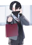  1girl aki_(rerrere) bag black_cardigan black_hair cardigan commentary_request covering_own_mouth cross cross_earrings ear_piercing earrings grey_jacket highres holding holding_bag incoming_gift jacket jewelry layered_sleeves long_sleeves multicolored_hair open_clothes open_jacket original piercing rerrere short_hair solo streaked_hair yellow_eyes 
