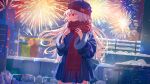  1girl absurdres aerial_fireworks beanie blue_coat blue_hat building closed_mouth coat commentary_request fireworks fringe_trim fur-trimmed_sleeves fur_trim grey_hair hands_up hat highres long_hair long_sleeves looking_to_the_side night original outdoors red_eyes red_scarf ruda_(ruda_e) scarf sky smile snow solo very_long_hair 