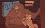  anthro bear body_worship breasts cabin canid canine claws dialogue duo eye_scar face_in_breasts facial_scar female female/female finger_claws fluffy fox hi_res holding_breast mammal middle_aged nude overweight overweight_female scar scars_all_over sinnerish size_difference snow speech_bubble weight_difference window winter 