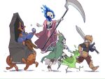  2boys 2girls ^_^ armor arms_up bandaged_leg bandages bird black_shirt blue_fire blue_shirt braid brown_pants byrdpip card cloak closed_eyes commentary_request dagger faulds fire flaming_head floating greaves green_bird green_cloak helm helmet highres holding holding_card holding_dagger holding_knife holding_scythe holding_sword holding_weapon hood hood_up hooded_cloak ivy_(sena0119) knife long_hair long_sleeves mask multiple_boys multiple_girls one-eyed over_shoulder pants pauldrons purple_robe robe running scythe shirt shoulder_armor simple_background sitting skeleton skull_mask slay_the_spire slay_the_spire_2 sword sword_over_shoulder the_ironclad_(slay_the_spire) the_necrobinder_(slay_the_spire) the_regent_(slay_the_spire) the_silent_(slay_the_spire) throne twitter_username weapon weapon_over_shoulder white_background 