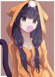  1girl animal_ears animal_hood animal_on_head arms_at_sides asakura_karen_(heaven_burns_red) black_hair blowing_bubble_gum blunt_bangs border breasts brown_background brown_eyes button_gap buttons cat cat_ears cat_hood cat_on_head cat_tail chewing_gum cleavage collarbone commentary eyes_visible_through_hair fake_animal_ears hair_bobbles hair_ornament heaven_burns_red highres hood hood_up hoodie lelie_(lelie_link) long_hair long_sleeves looking_at_viewer low_twintails medium_breasts on_head orange_hoodie outside_border parted_lips simple_background solo tail tail_raised twintails upper_body white_border white_cat 