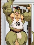 2025 abs anthro armpit_hair backwards_baseball_cap backwards_hat baseball_cap biceps big_muscles body_hair bulge chest_hair clothing countershade_face countershade_tail countershade_torso countershading darknaigart dinosaur door doorway forearm_muscles front_view green_body happy_trail hat headgear headwear hi_res jace_(darknaig) jockstrap looking_at_viewer male muscular muscular_anthro muscular_male nipples non-mammal_nipples obliques open_mouth open_smile pecs prehistoric_species pube_peek pubes quads raised_arm reptile saurischian scales scalie shirt smile solo stocky tail tank_top teeth theropod topwear triceps tyrannosaurid tyrannosauroid tyrannosaurus tyrannosaurus_rex underwear v-cut white_clothing white_shirt white_tank_top white_topwear