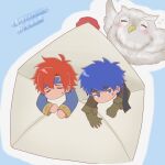  2boys anger_vein bird blue_eyes blue_hair closed_eyes commentary_request feh_(fire_emblem_heroes) fire_emblem fire_emblem:_path_of_radiance fire_emblem:_the_binding_blade fire_emblem_heroes headband highres ike_(brave_mercenary)_(fire_emblem) ike_(fire_emblem) mail male_focus multiple_boys no_mouth owl red_hair ro061yy roy_(brave_lion)_(fire_emblem) roy_(fire_emblem) short_hair translation_request 