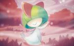  closed_mouth cloud cloudy_sky creature facing_viewer full_body gen_3_pokemon happy nishida_atsuko no_humans official_art pokemon pokemon_(creature) pokemon_trading_card_game purple_sky ralts sky smile solo 