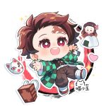  1boy 1girl :d black_jacket black_pants black_socks blush brown_hair buttons checkered_haori chibi chibi_only chinese_commentary commentary_request demon_slayer_uniform food full_body haori heart highres jacket japanese_clothes kamado_nezuko kamado_tanjirou kimetsu_no_yaiba long_sleeves male_focus miaoxiaoyu_huihuakecheng onigiri open_mouth outline outstretched_arms pants red_eyes sandals scar scar_on_face scar_on_forehead short_hair smile socks sparkle spread_arms standing standing_on_one_leg tabi white_outline white_sandals wide_sleeves 