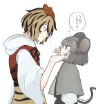  2girls animal_ears animal_print black_hair black_ribbon black_skirt black_vest blonde_hair capelet closed_mouth commentary_request dress eye_contact grey_capelet grey_hair hand_on_another's_face height_difference highres jewelry large_hands long_sleeves looking_at_another mouse_ears mouse_girl mouse_tail multicolored_hair multiple_girls nazrin neck_ribbon pendant red_dress ribbon shirt short_hair simple_background skirt speech_bubble sweat tail thought_bubble tiger_print tktkhappymchyru toramaru_shou touhou translation_request twitter_username two-tone_hair vest white_background white_shirt yellow_eyes yellow_nails 
