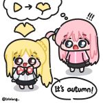  ! !! 2girls :o ahoge arrow_(symbol) autumn black_skirt blonde_hair blue_eyes bocchi_the_rock! bow bowtie brown_eyes chibi chibi_only commentary detached_ahoge english_commentary english_text gotoh_hitori highres ijichi_nijika jacket leaf long_hair looking_at_another lulalang multiple_girls one_side_up open_mouth parted_bangs pink_hair pink_jacket polka_dot polka_dot_bow polka_dot_bowtie red_bow red_bowtie shirt side_ponytail simple_background skirt smile speech_bubble standing surprised talking thought_bubble twitter_username white_background white_shirt 