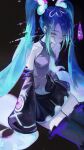  1girl absurdres black_background black_skirt black_sleeves black_thighhighs blue_hair detached_sleeves ergouzi_echo ghost_miku_(project_voltage) grey_shirt hashtag-only_commentary hatsune_miku highres long_hair long_sleeves miniskirt pleated_skirt plunging_neckline pokemon project_voltage shirt sitting skirt sleeveless sleeveless_shirt solo thighhighs twintails very_long_hair vocaloid wide_sleeves yellow_eyes zettai_ryouiki 