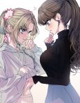  2girls 596_(_gokuraku_joudo) ? ?? black_sweater blonde_hair blue_eyes blue_hair blue_hoodie blush breasts brown_hair clothes_lift commentary flower fujishima_megumi fujishima_megumi_(post-graduation) gradient_hair hair_flower hair_ornament hand_on_another's_stomach hand_up heart heart_necklace highres hood hoodie hoodie_lift jewelry large_breasts lifting_own_clothes link!_like!_love_live! lone_nape_hair long_hair love_live! mira-cra_park! multicolored_hair multiple_girls navel necklace notice_lines open_mouth osawa_rurino osawa_rurino_(winter_loungewear) parted_bangs parted_lips pink_flower ponytail profile purple_eyes simple_background stomach sweater turtleneck turtleneck_sweater twintails virtual_youtuber white_background yuri 