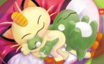  :3 cat cat_focus closed_eyes fangs gen_1_pokemon happy meowth official_art pikachu poke_ball poke_ball_(generic) poke_ball_theme pokemon pokemon_trading_card_game shibuzoh sleeping substitute_(pokemon) 