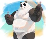  1boy animal_ears baiyanran7179 bara belly black_fur bottle chinese_commentary claws closed_eyes closed_mouth commentary_request diffraction_spikes facing_viewer furry furry_male highres holding holding_bottle incoming_gift male_focus male_underwear multicolored_fur navel pan_yinhu panda_boy panda_ears pawpads plump smile topless_male underwear white_fur white_male_underwear zenless_zone_zero 