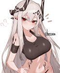  1girl ? ?? arknights bare_shoulders black_horns black_sports_bra blush breasts cleavage closed_mouth commentary_request crop_top grey_hair hair_between_eyes hands_on_own_hips highres horns large_breasts long_hair looking_at_viewer material_growth mudrock_(arknights) navel notice_lines oripathy_lesion_(arknights) paid_reward_available partial_commentary pointy_ears red_eyes simple_background solo sports_bra twitter_username upper_body very_long_hair watermark white_background worimiru 