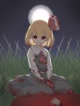  1girl 1other ascot between_legs black_ascot black_skirt black_vest blonde_hair blood blood_from_mouth blood_in_hair blood_on_clothes blood_on_face blood_on_ground blood_on_hands closed_mouth collared_shirt commentary_request death full_body full_moon grass hair_between_eyes hair_ribbon implied_cannibalism long_sleeves looking_at_viewer moon night outdoors red_eyes red_ribbon red_shoes ribbon rumia shirt shoes short_hair sitting skirt skirt_set sleeve_cuffs smile solo_focus tetra_shigure touhou vest white_shirt 