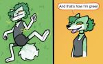 4_fingers anthro barefoot breasts canid canine canis chest_tuft clothed clothing english_text feet female fingers fur fur_tuft grass green_body green_fur green_hair hair hair_over_eye hi_res mammal motion_lines nance_(ncs) ncs plant tear_trough text tuft white_body white_fur wolf