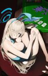  1girl absurdres animal_ears asuna_(blue_archive) asuna_(bunny)_(blue_archive) asymmetrical_bangs bare_shoulders blonde_hair blue_archive blue_bow blue_bowtie blue_eyes blue_halo blue_leotard bow bowtie breasts card cleavage commentary detached_collar fake_animal_ears fake_tail hair_over_one_eye halo highleg highleg_leotard highres large_breasts leotard long_hair not_forever2w official_alternate_costume playboy_bunny playing_card poker_chip rabbit_ears rabbit_tail signature sitting smile solo strapless strapless_leotard tail traditional_bowtie untranslatable_commentary 