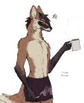 belly beverage big_ears black_bottomwear black_clothing black_nose black_pants black_paws bottomwear brown_body brown_fur canid canine canis cigarette clothing coffee container cup drunkmagpie ear_piercing ear_ring fur hi_res long_ears male mammal maned_wolf mug multicolored_body multicolored_fur pants piercing ring_piercing sketch smoke smoke_cloud solo tired tired_eyes wolf