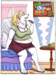 auroralicious blonde_hair bottomwear canid canine canis clothed clothing digitigrade ear_piercing eating female food hair mammal overweight overweight_female piercing sitting skirt solo wings wolf 