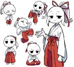  1girl absurdres altair20 closed_eyes clothing_cutout colored_skin commentary_request deformed hakama highres hip_vent japanese_clothes jitome miko multiple_expressions no_nose original ponytail red_hakama simple_background sitting smile solo sweatdrop v-shaped_eyebrows white_background white_skin 