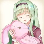  1girl closed_mouth commentary_request green_hair grey_hair hairband heaven_burns_red highres holding holding_stuffed_toy long_hair mole mole_under_mouth murofushi_risa shira_461 stuffed_animal stuffed_toy 