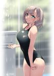  1girl bangs blue_eyes blush breasts competition_swimsuit eyebrows_visible_through_hair grey_hair hair_in_mouth jonsun looking_at_viewer medium_hair one-piece_swimsuit original smile solo swimsuit wet 