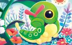  caterpie creature flower full_body gen_1_pokemon no_humans official_art plant pokemon pokemon_(creature) pokemon_trading_card_game shibuzoh sky solo sun 