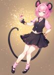  1girl alternate_color alternate_eye_color alternate_hair_color animal_ears black_shoes black_skirt black_vest commentary_request commission full_body hand_on_own_hip jewelry mary_janes medium_hair midriff mouse_ears mouse_girl mouse_tail navel nazrin necklace pendant pink_eyes pink_hair pink_shirt pink_socks shirt shoes short_sleeves skeb_commission skirt socks solo tail tomobe_kinuko touhou vest 